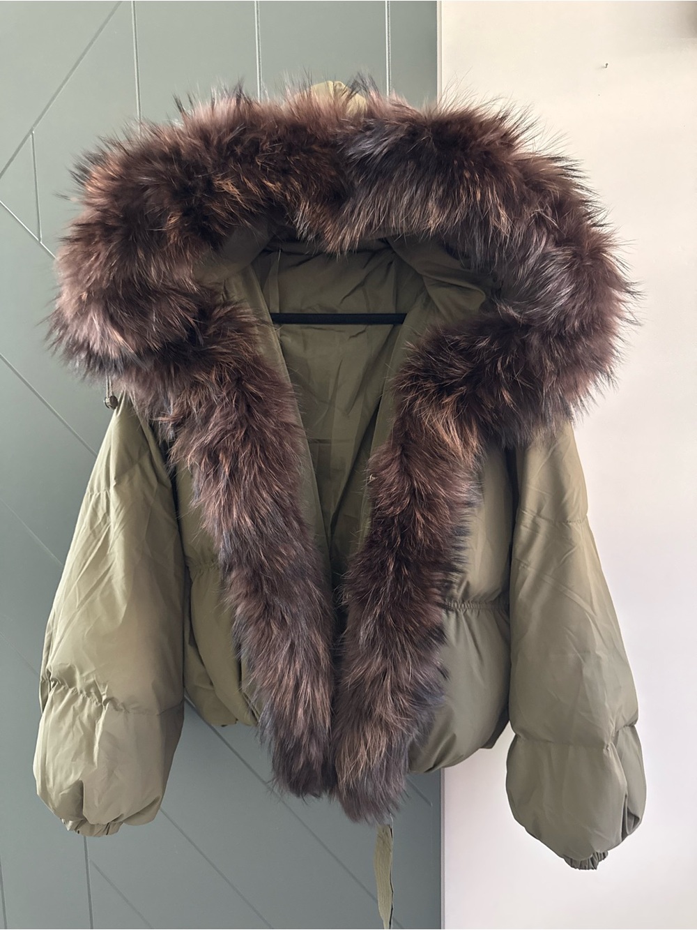 Army Green Puffer Jacket with Brown real Fur